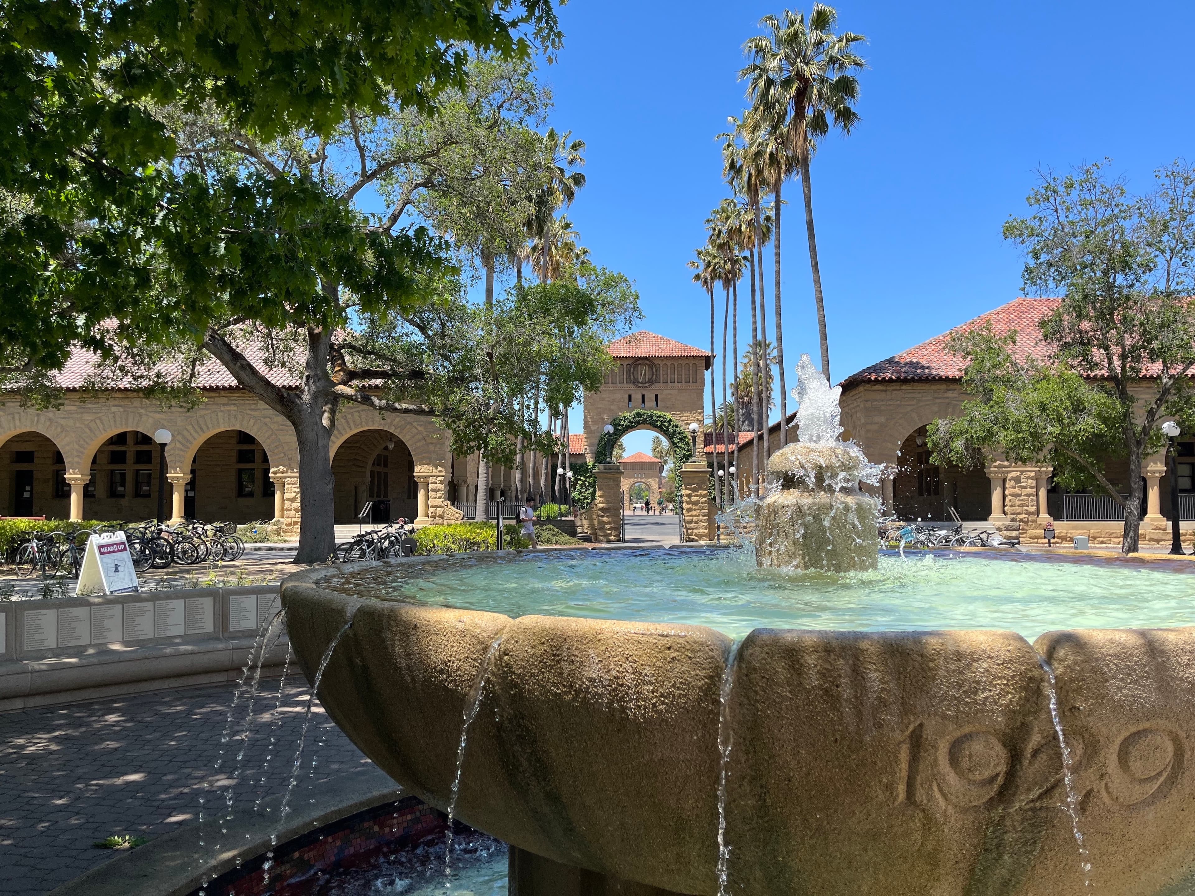 View of Centennial Fountain looking toward Stanford's Main Quad